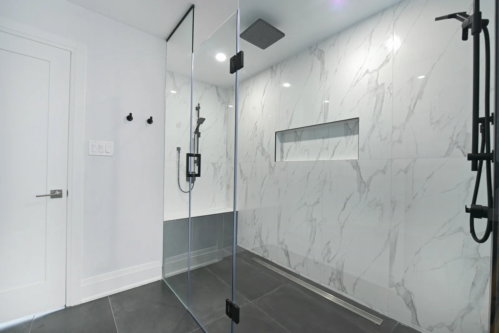 Frameless glass & marble — Shower — basement build-out