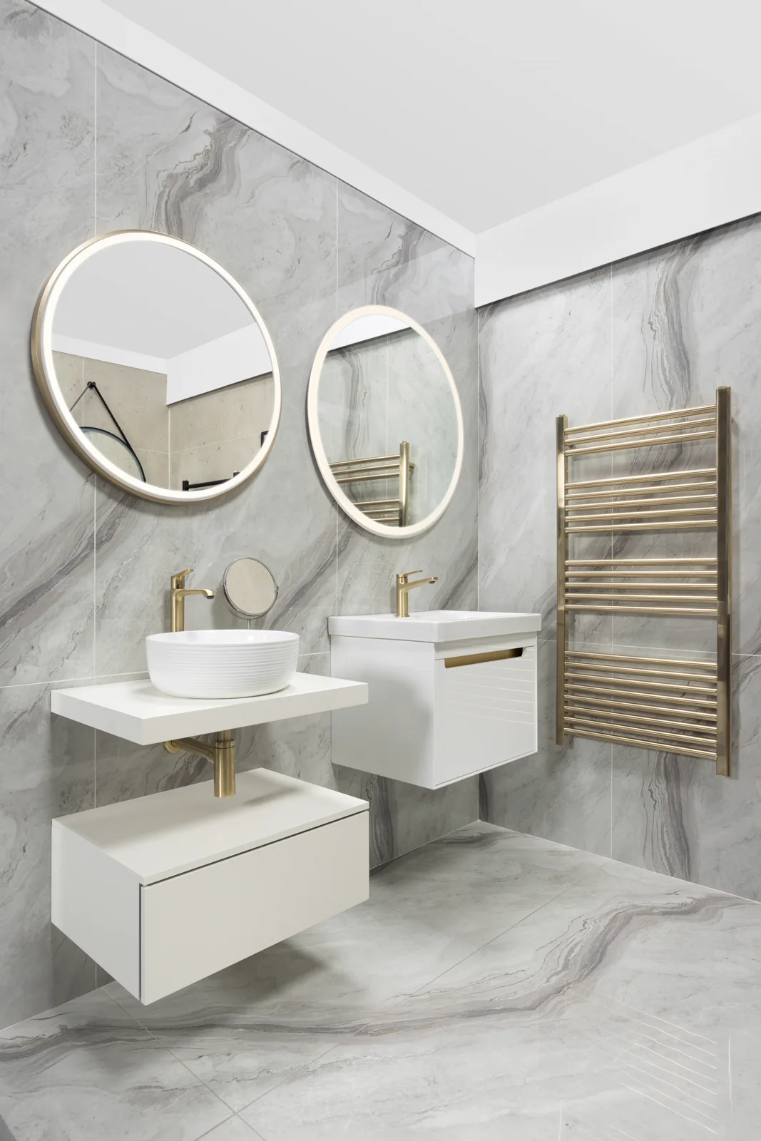 Backlit mirrors & brushed gold — Bath — basement build-out